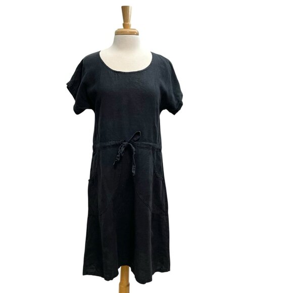 100% Linen Round Neck Cinched Waist Shirt Dress Washed Black size Small/Medium - Picture 1 of 8